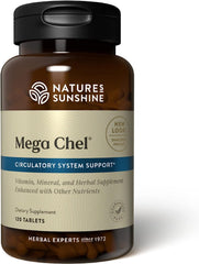 Nature's Sunshine Mega-Chel bottle front shows a comprehensive vitamin and mineral blend for daily support.