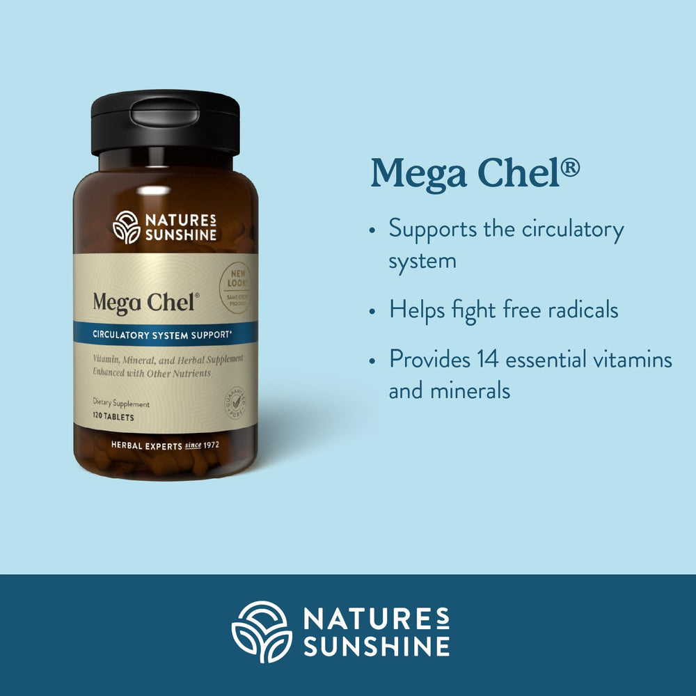 Nature's Sunshine Mega-Chel tablets close-up emphasizes compact daily nutrition for vitality.