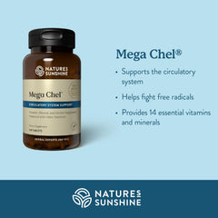 Nature's Sunshine Mega-Chel tablets close-up emphasizes compact daily nutrition for vitality.