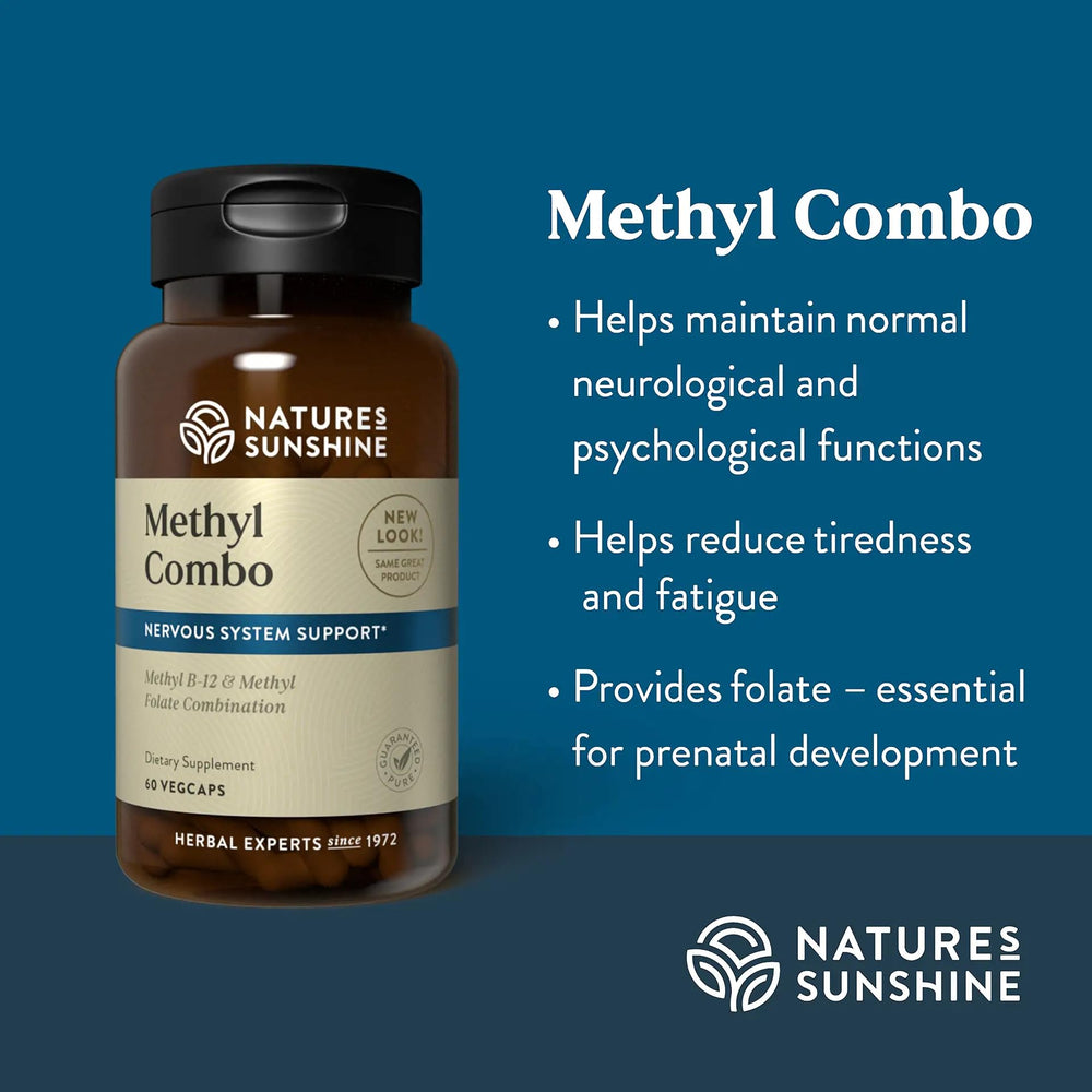 Nature's Sunshine Methyl Combo bottle side label highlighting B12 and folate benefits
