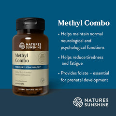 Nature's Sunshine Methyl Combo bottle side label highlighting B12 and folate benefits