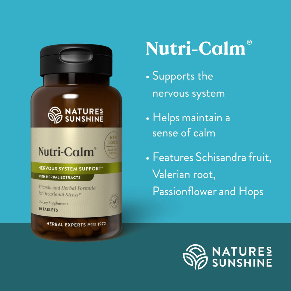 Nutri-Calm packaging with ingredients, natural nervous system support.