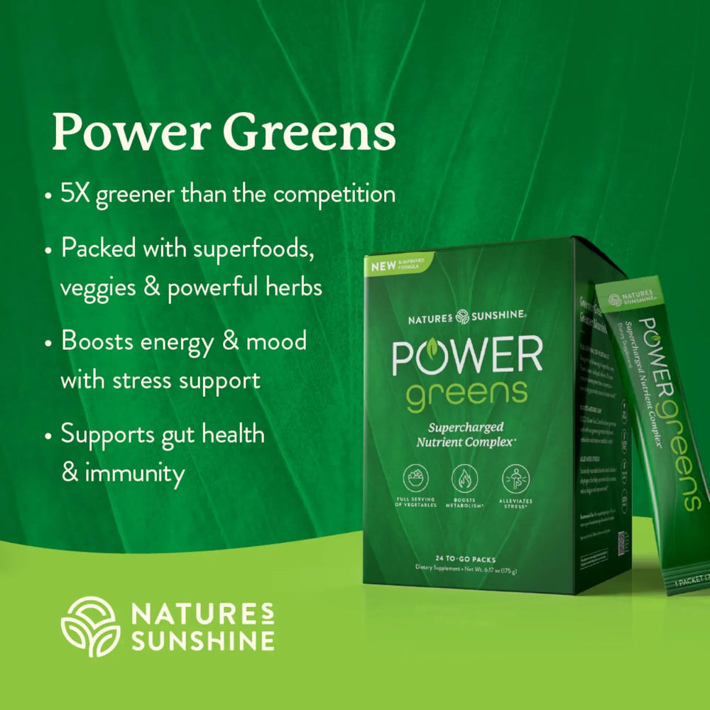 Nature's Sunshine Power Greens scoop-dispense image shows easy portion control.