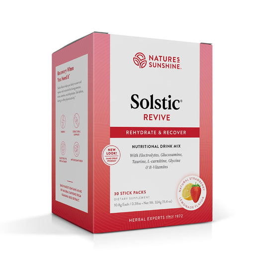 Nature's Sunshine Solstic Revive packaging front for post-workout recovery.