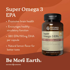 Nature's Sunshine Super Omega-3 EPA 180 Softgels label close-up highlights lemon aftertaste reduction.