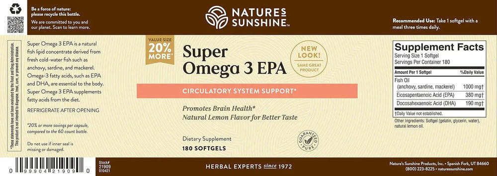 Nature's Sunshine Super Omega-3 EPA 180 Softgels bottle shows lemon flavor note.