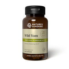 Nature's Sunshine Wild Yam Capsules bottle front signals herbal glandular support for daily vitality.
