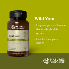 Nature's Sunshine Wild Yam Capsules packaging on shelf reflects a trusted herbal brand.