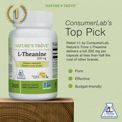 Close-up of Nature's Trove L-Theanine 200mg capsules for calm focus.