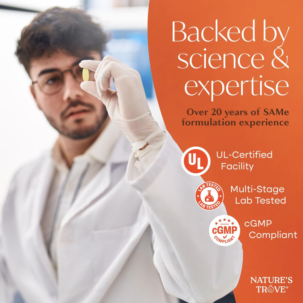 Nature's Trove SAM-e 400mg nutrition label shows vegan and kosher certifications