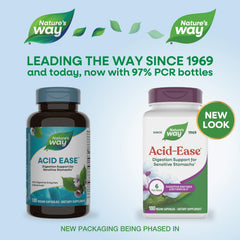 Nature's Way Acid Ease bottle back highlighting ingredients and usage guidance.