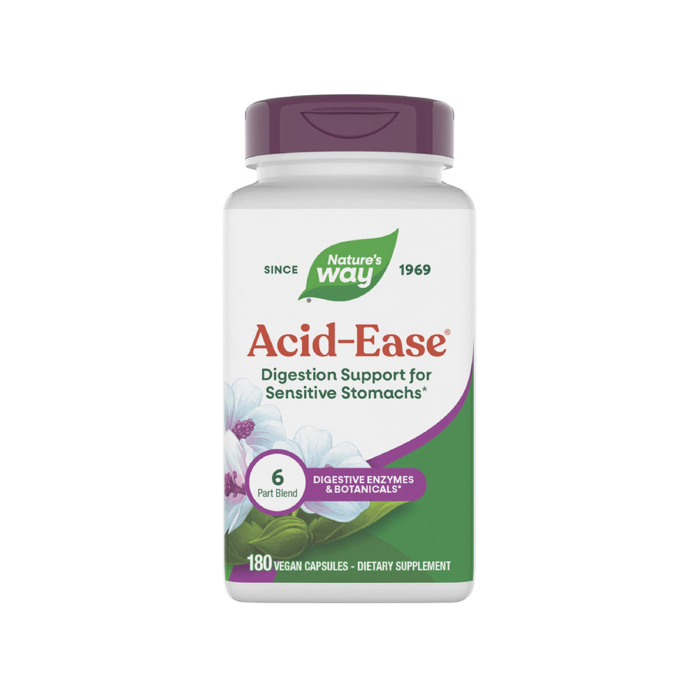 Nature's Way Acid Ease bottle front view with vegan capsules for sensitive stomach support.