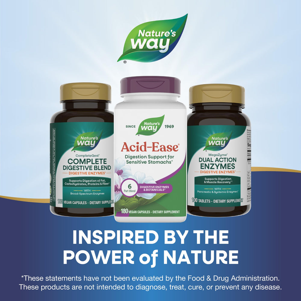 Nature's Way Acid Ease slippery elm bark focus for natural digestive support.