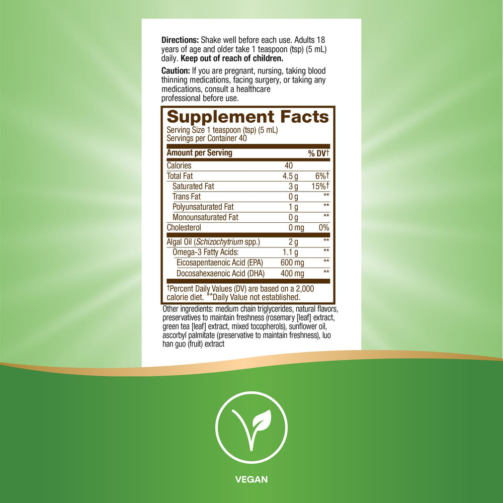 Vegan-friendly, plant-based omega-3 label highlights purity and quality.