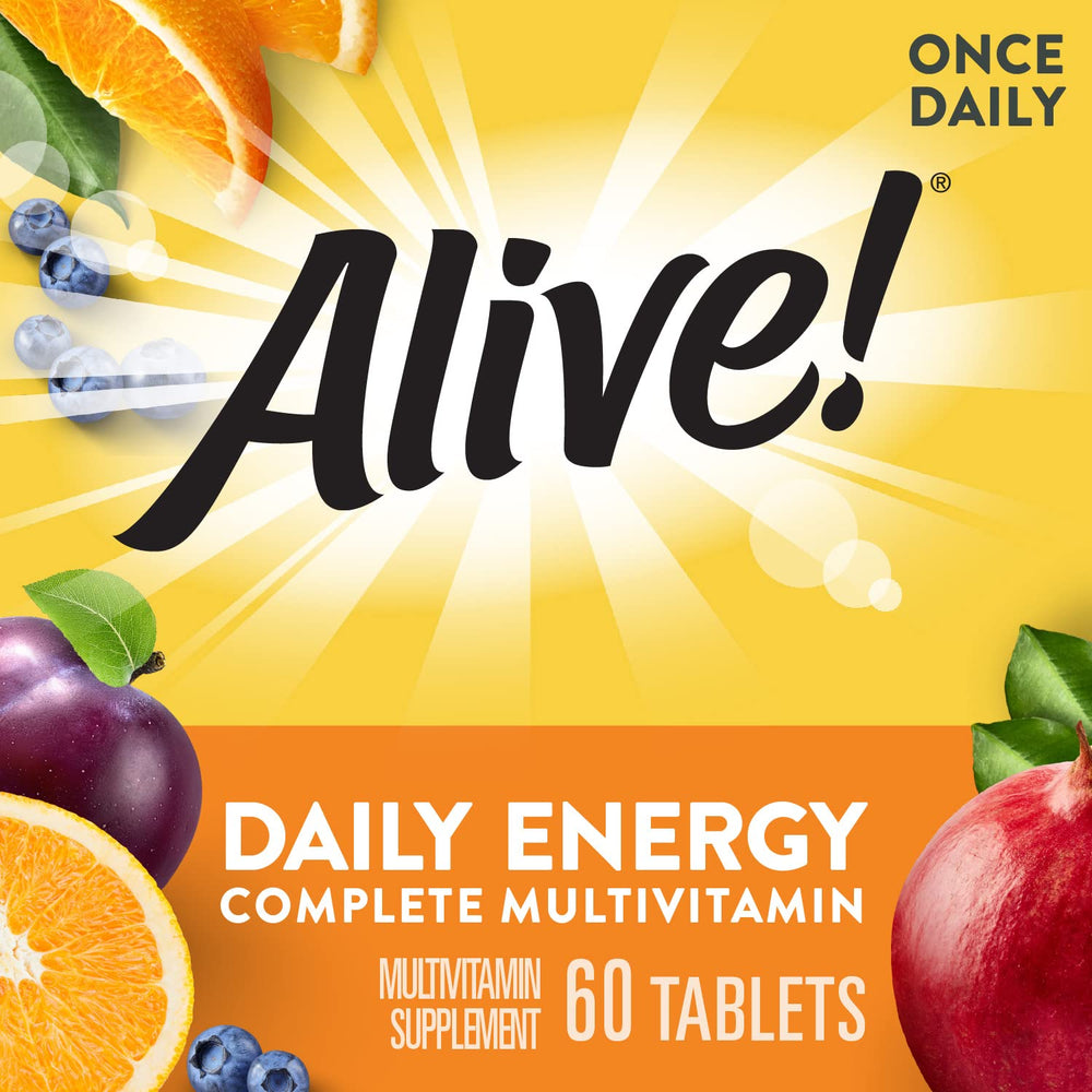 Nature's Way Alive Daily Energy label closeup with Orchard Fruits and Garden Veggies blend