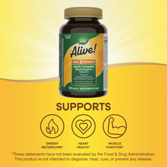 Nature's Way Alive! Max3 bottle with label emphasizing no iron formula.