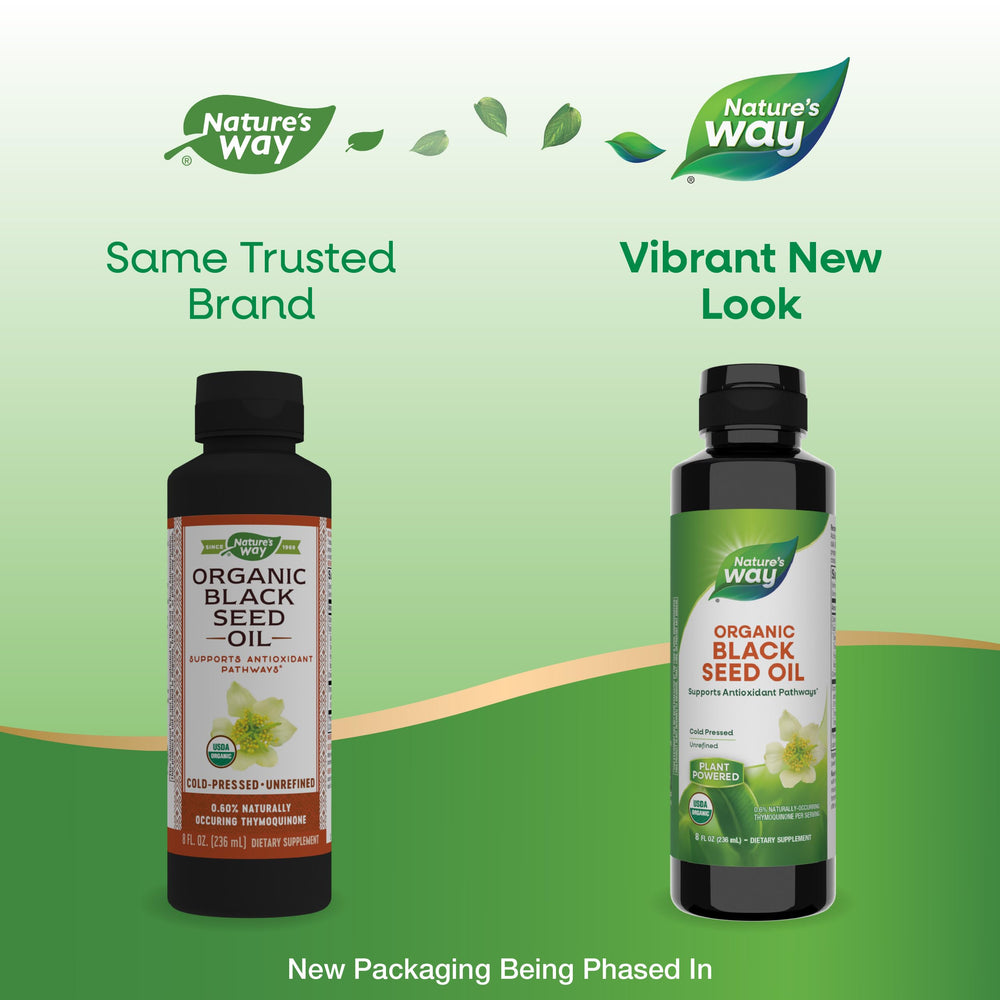 Nature's Way Black Seed Oil bottle close-up label highlights organic quality.