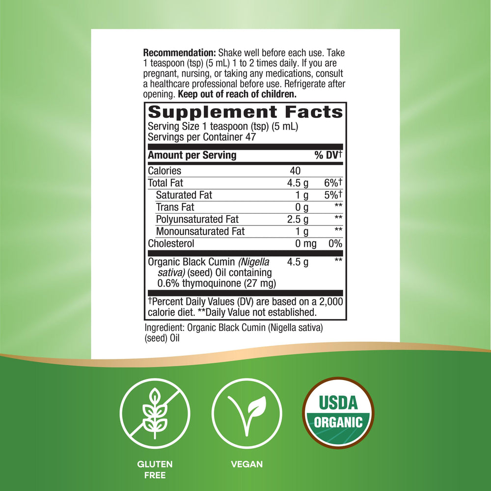 Nature's Way Black Seed Oil ingredients panel confirms hexane-free formulation.