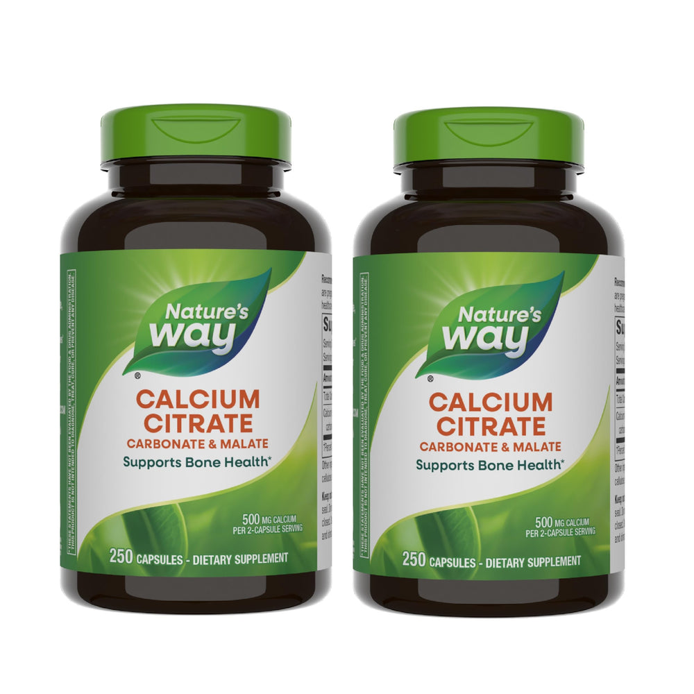 Nature's Way Calcium Citrate bottle label shows 500 mg per 2-capsule serving for bone support.
