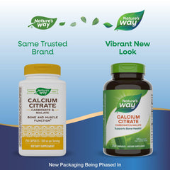 Nature's Way calcium citrate bottle on shelf conveys trusted calcium blend for muscle function.
