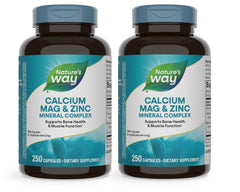 Nature's Way Calcium Magnesium Zinc bottle, supports bone health and muscle function.