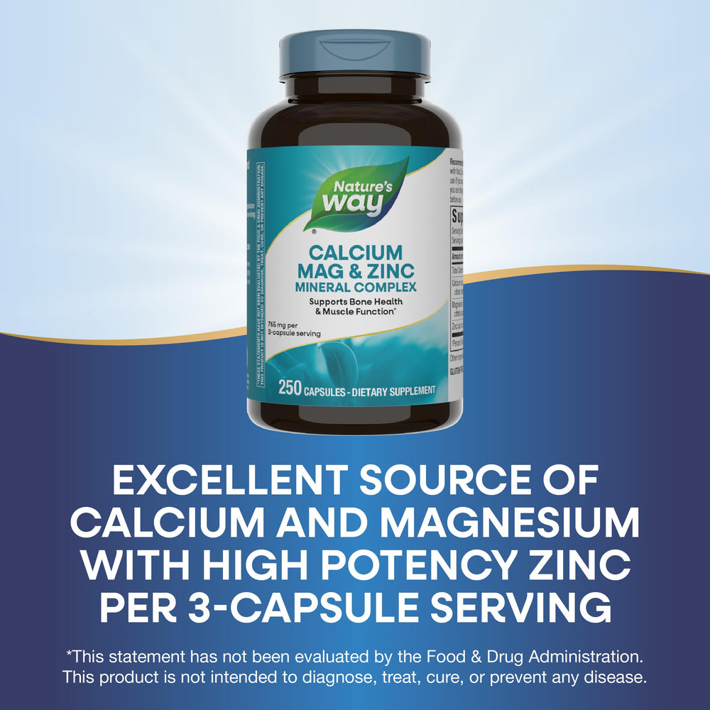 Nature's Way Calcium Magnesium Zinc capsules, easy to swallow for daily use.