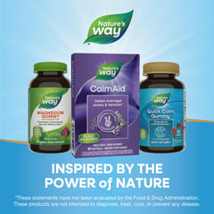 Nature's Way CalmAid bottle on a desk for easy daily stress management.