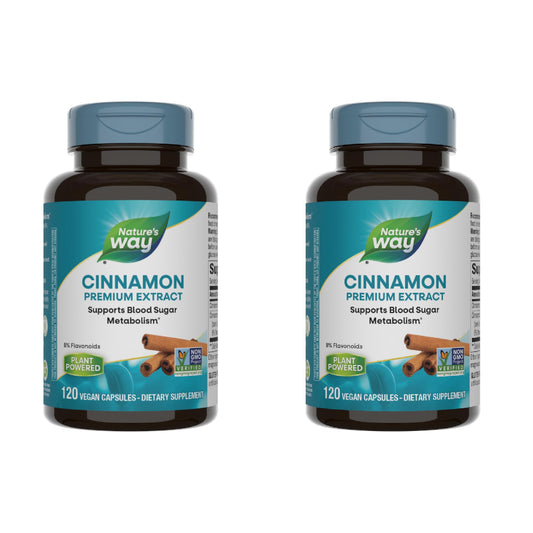 Nature's Way Cinnamon Premium Extract bottle front shows vegan capsules and 8% flavonoids.