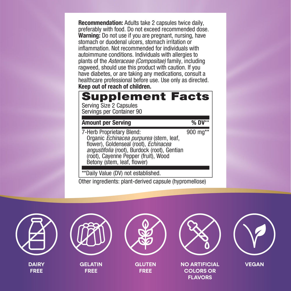 Nature's Way Echinacea Goldenseal bottle pour highlights easy dosing for daily immune care