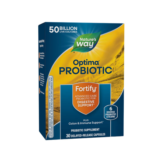 Nature's Way Fortify Optima bottle showing 50 billion cultures for daily digestive support.