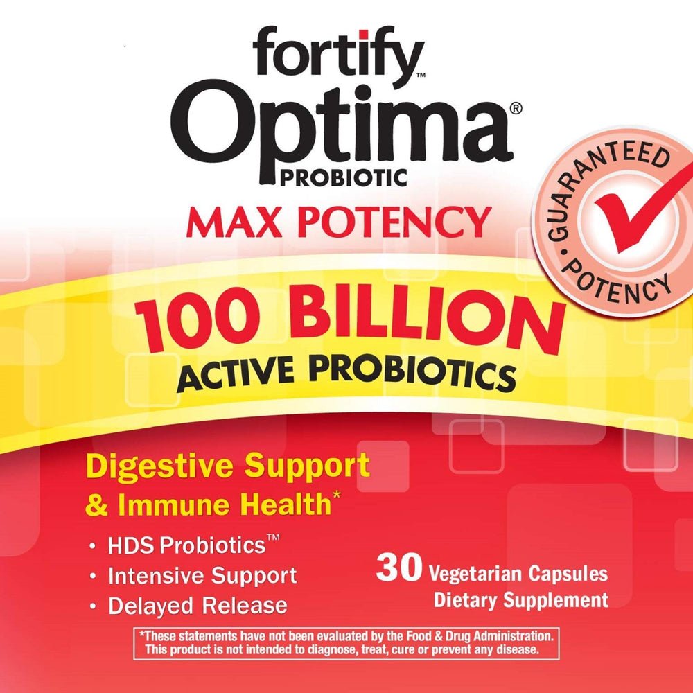 Fortify Optima bottle label shows 15 probiotic strains for broad support.