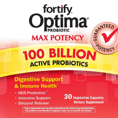 Fortify Optima bottle label shows 15 probiotic strains for broad support.