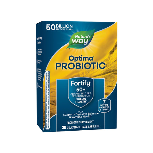Nature's Way Fortify Optima Probiotic bottle showcases 50B cultures supporting digestive balance.