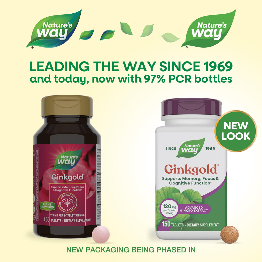 Nature's Way Ginkgold label closeup highlights ginkgo extract for memory support.