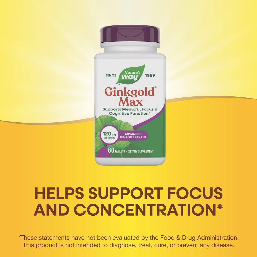 Nature's Way Ginkgold Max gluten-free vegan formula close-up.