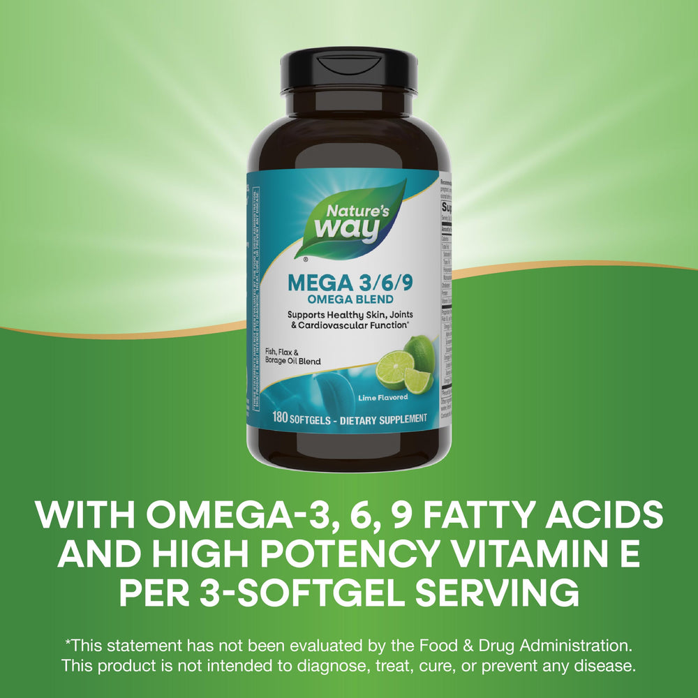 Nature's Way Mega 3/6/9 lime-flavored softgels in bottle for citrus-taste daily use