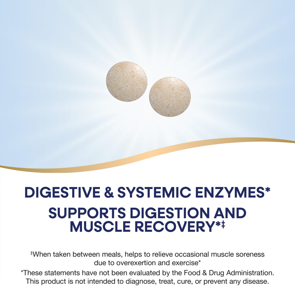 Nature's Way Mega-Zyme bottle pour demonstrates between-meals use for occasional soreness