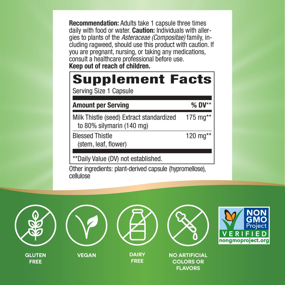 Nature's Way Milk Thistle seed extract label highlighting 80% silymarin.