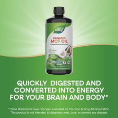 Nature's Way Organic MCT Oil label showing keto and paleo certifications and no palm oil.