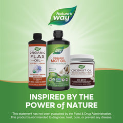 Nature's Way Organic MCT Oil bottle emphasizing no palm oil and clean ingredients.