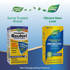 Nature's Way Primadophilus Reuteri capsule close-up, highlighting design.