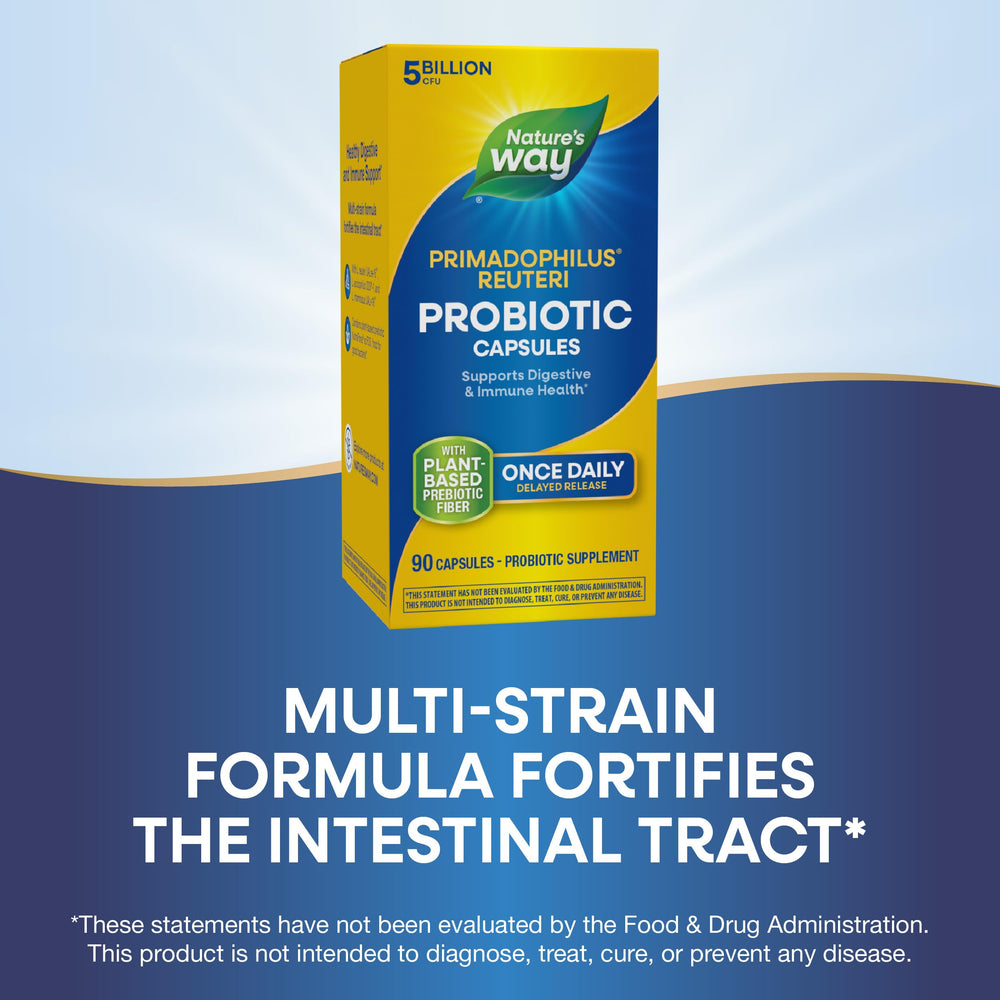 Nature's Way Primadophilus Reuteri gluten-free label showing wheat-free and dairy-free formula.