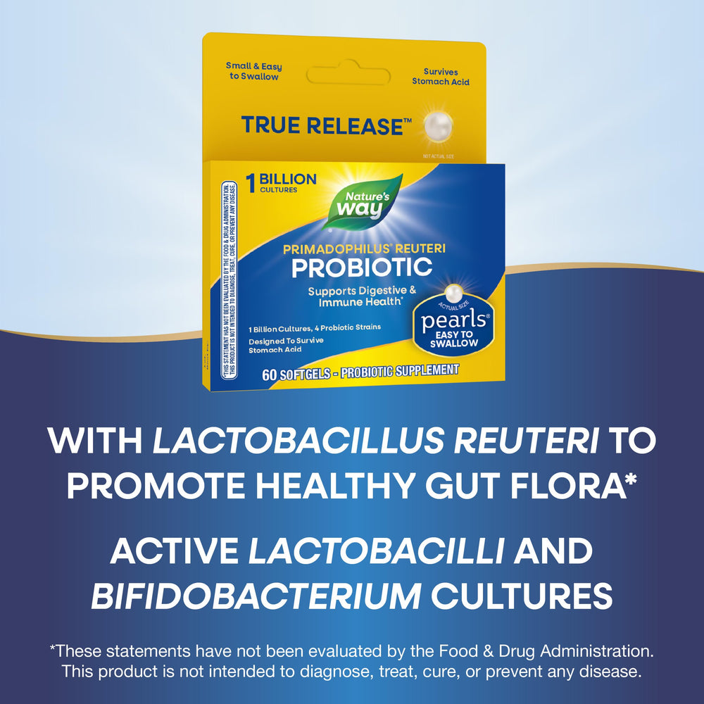 Nature's Way Primadophilus Reuteri Probiotic Pearls being taken after breakfast for daily use