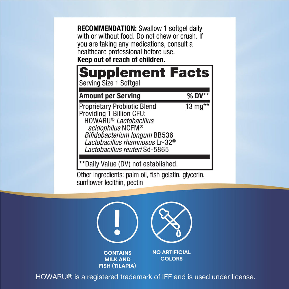 Nature's Way Primadophilus Reuteri Probiotic Pearls packaging shows four strains for gut balance