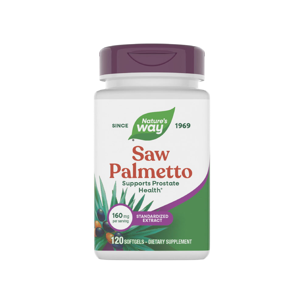 Nature's Way Saw Palmetto bottle shows standardized extract for consistent dosing