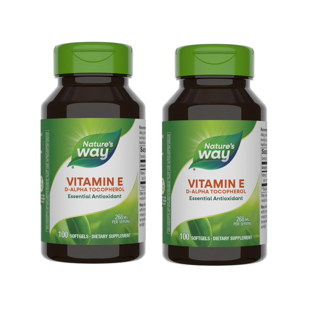 Nature's Way Vitamin E bottle close-up highlighting D-alpha tocopherol for antioxidant support