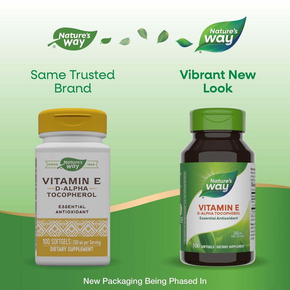 Nature's Way Vitamin E label detail showing gluten-free, no artificial colors