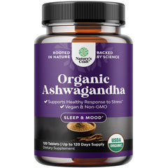 Natures Craft Ashwagandha organic tablets bottle close-up for daily stress support