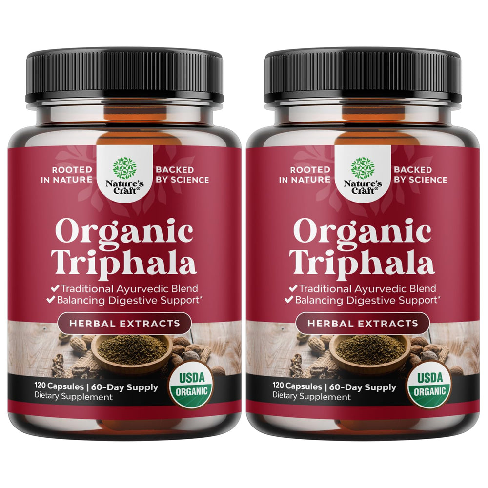 Natures Craft Digestive Triphala bottle close-up showing organic capsules for gut support