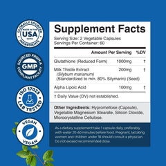 Natures Craft label close-up highlights alpha-lipoic acid and milk thistle for antioxidant synergy.